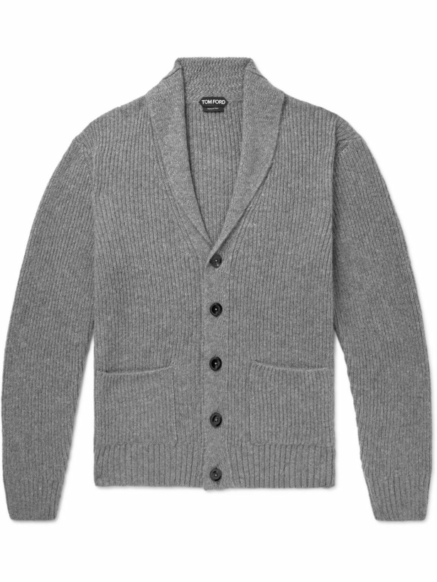 Photo: TOM FORD - Shawl-Collar Ribbed Brushed Cashmere and Silk-Blend Cardigan - Gray