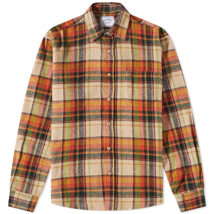 Photo: Portuguese Flannel Men's Plug Check Overshirt in Green/Orange/Beige