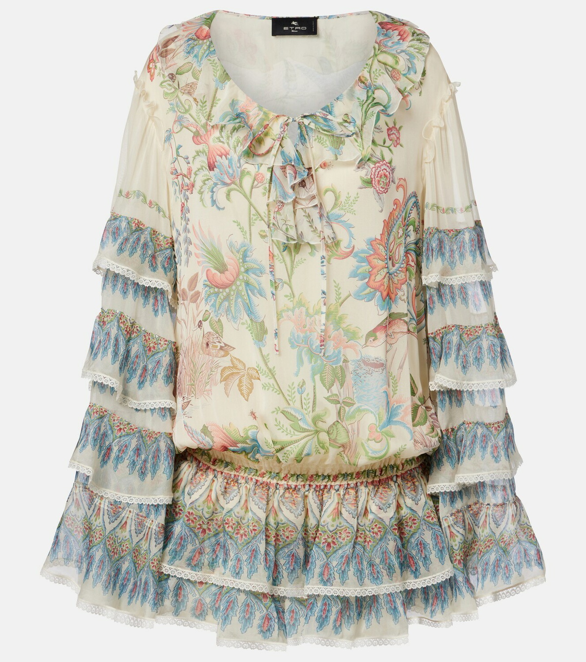 Etro Printed ruffled lace-trimmed silk minidress