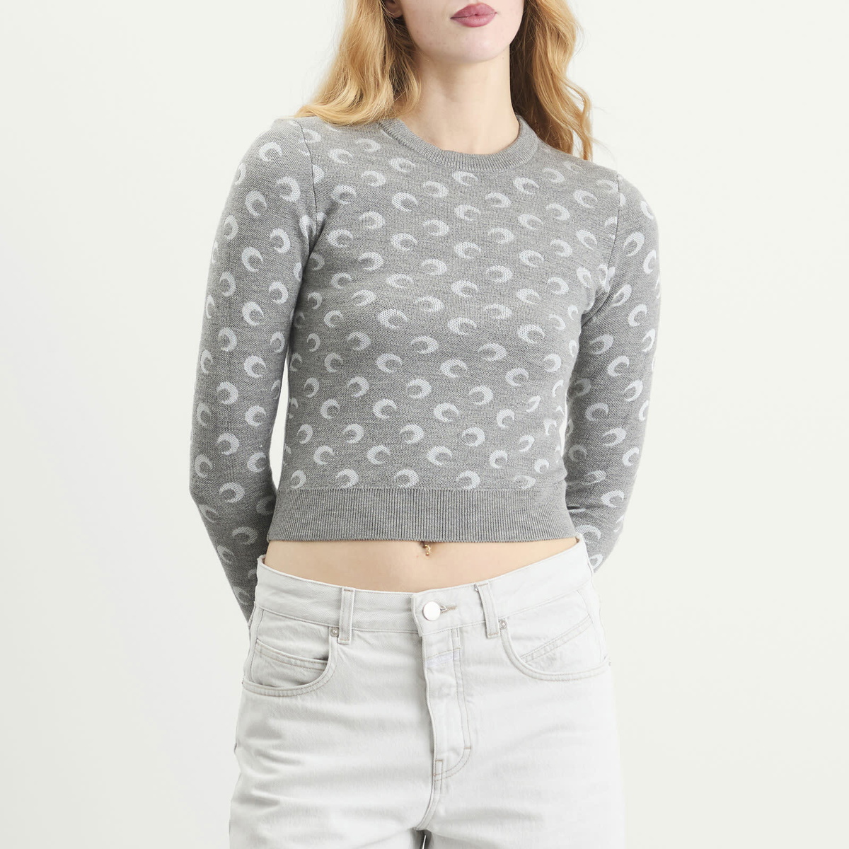 Marine Serre Women's Moon Jacquard Knit Fitted Crewneck Sweater in Misty Grey