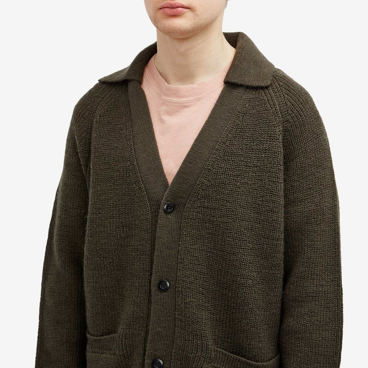 MHL by Margaret Howell Men's Collared Knit Cardigan in Dark Olive