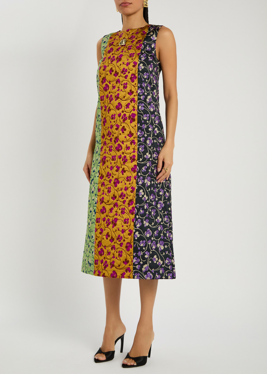 LA Double J Column Floral-jacquard Woven Midi Dress Yellow