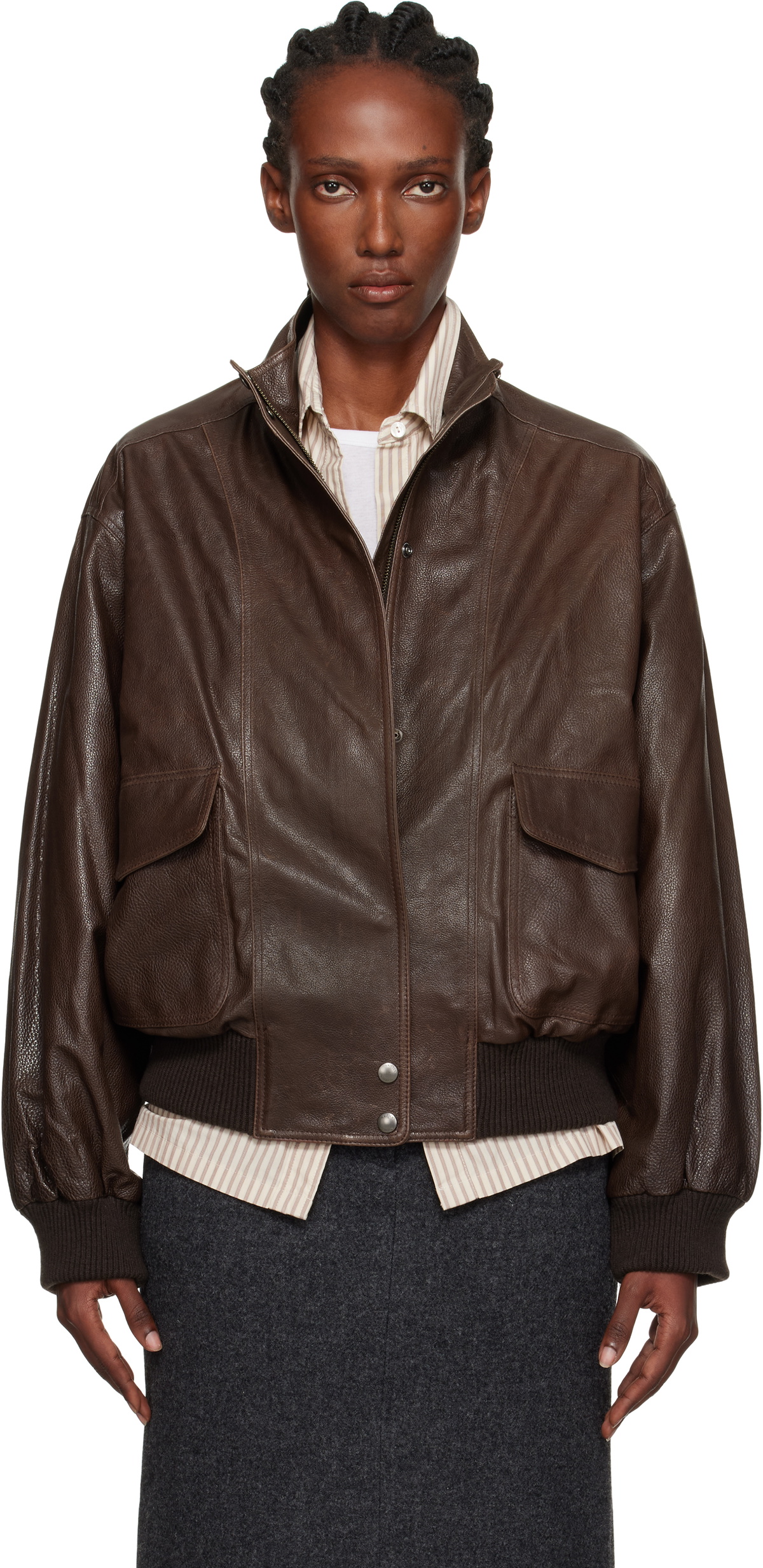 Nothing Written Brown Stand Collar Leather Blouson Jacket