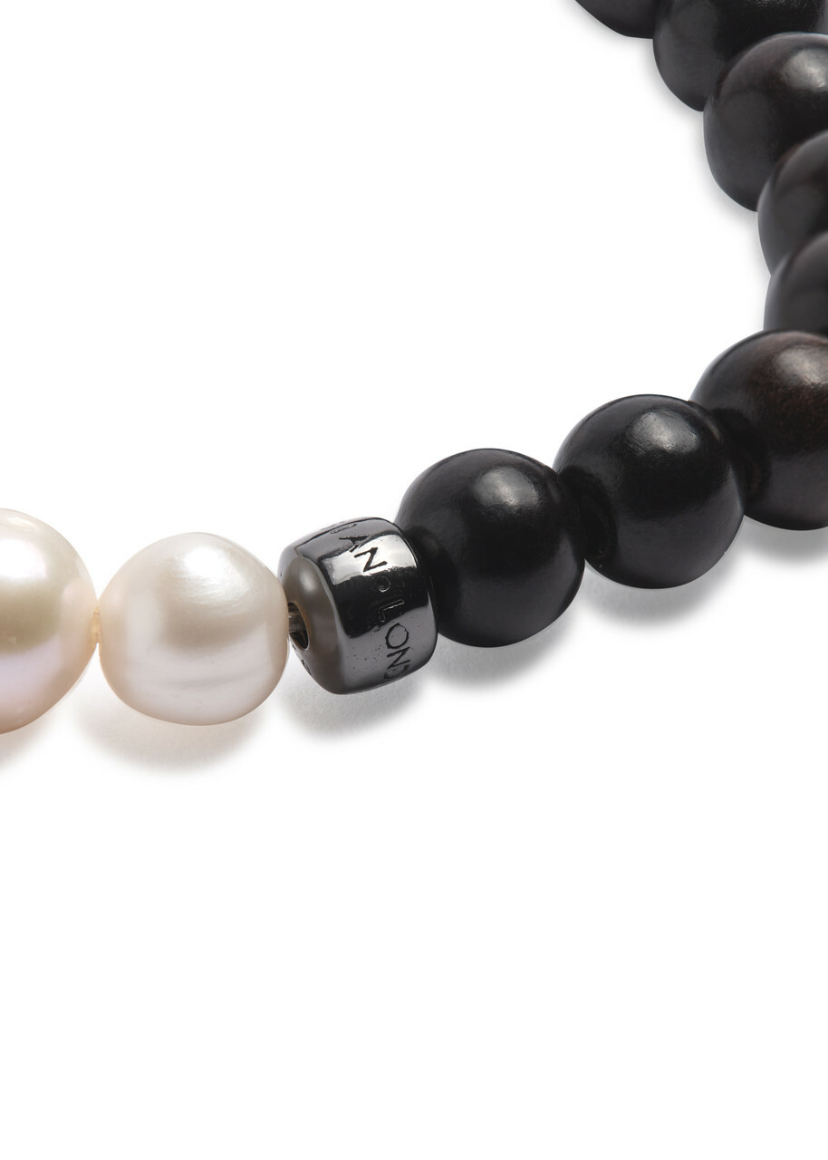 Tateossian Gear Trio Pearl and Wood Beaded Bracelet Black