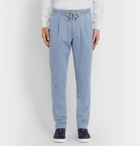 Brunello Cucinelli - Tapered Stretch-Cotton Twill Drawstring Trousers - Blue