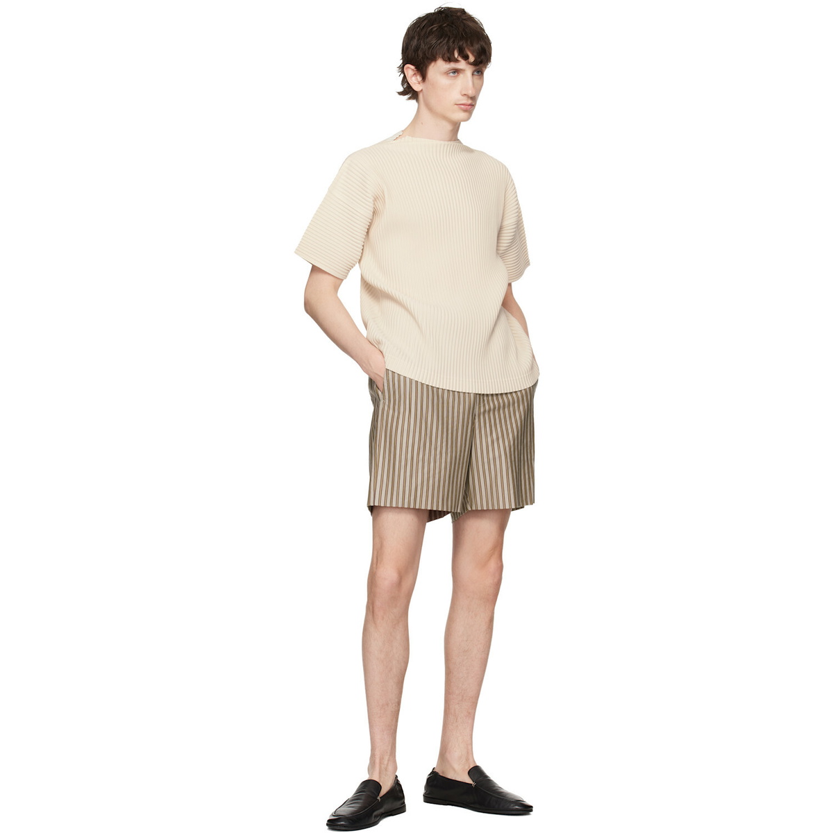 HOMME PLISSÉ ISSEY MIYAKE Beige & Red Stripe Jersey Shorts