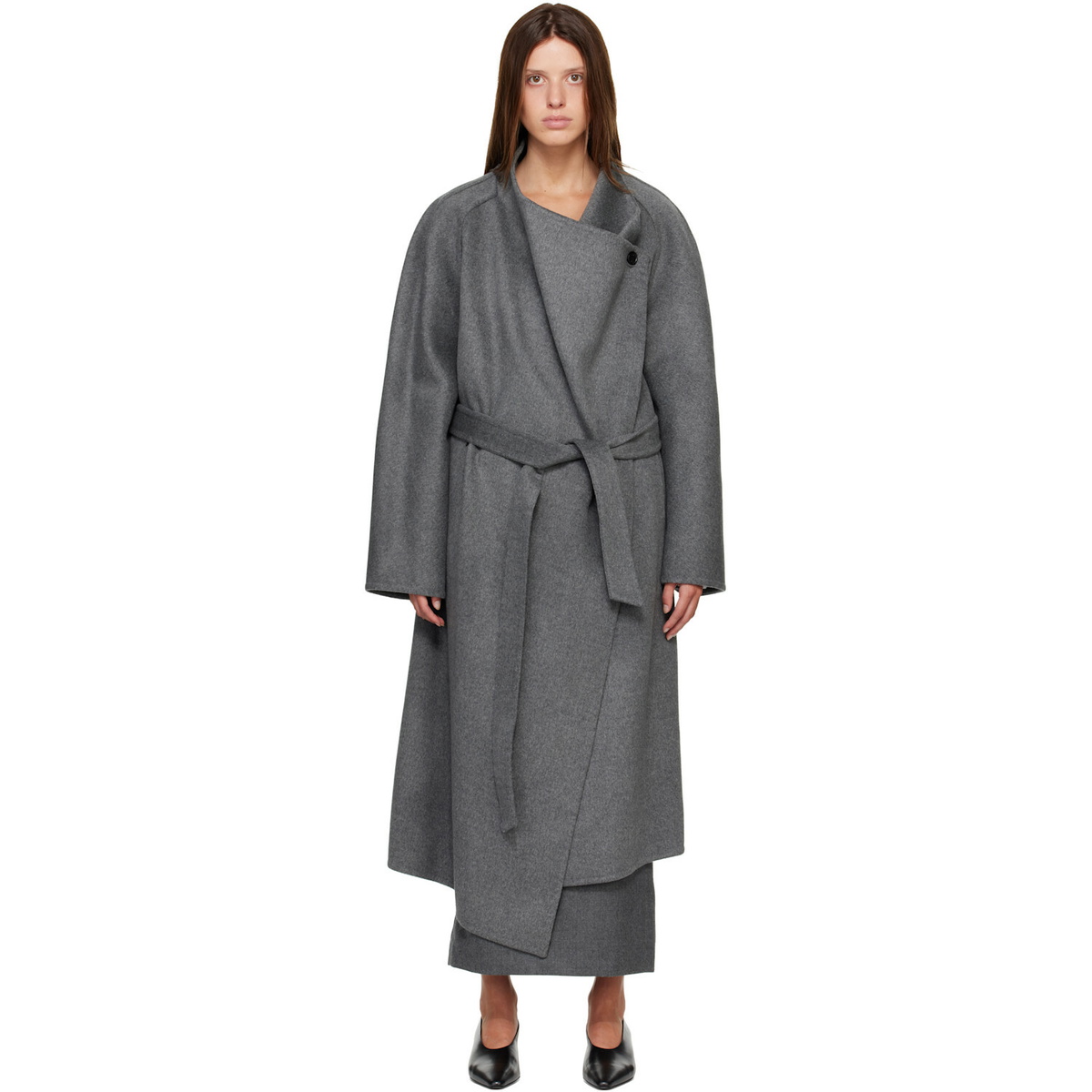 R2W Gray Porin Draped Button Wool Cash Coat