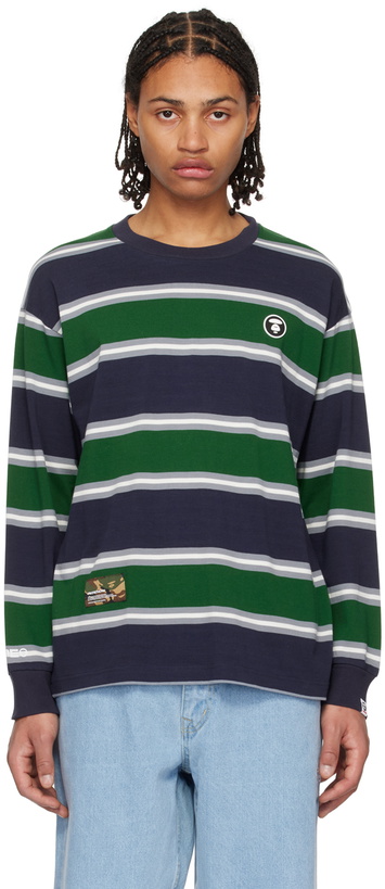 Photo: AAPE by A Bathing Ape Navy Striped Long Sleeve T-Shirt