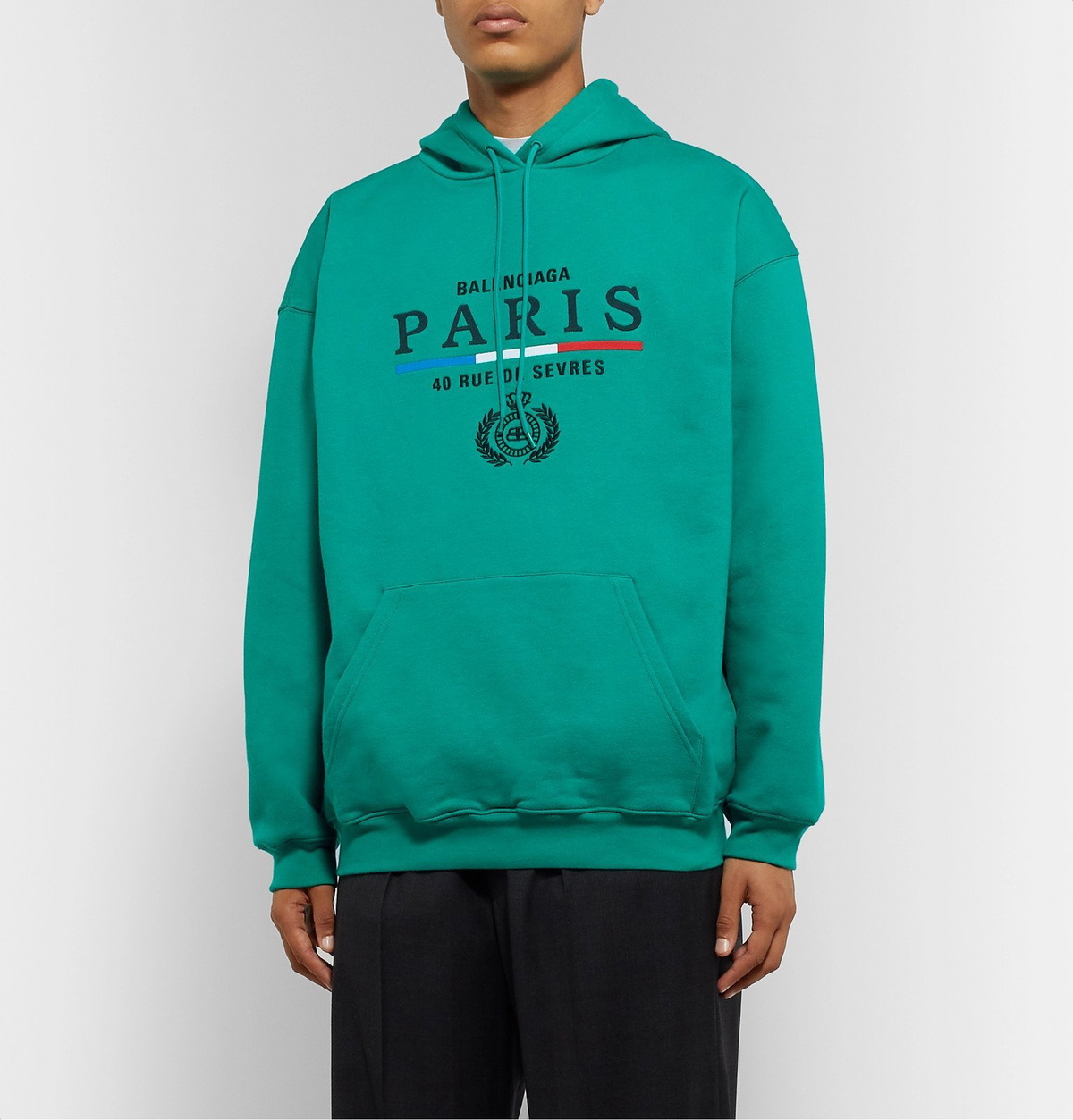 Balenciaga Embroidered Fleece Back Cotton Jersey Hoodie Green