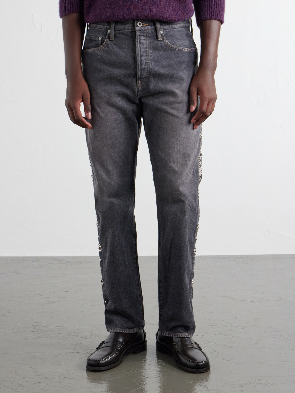 KAPITAL - Monkey Cisco Straight-Leg Leather-Trimmed Embellished Jeans - Black