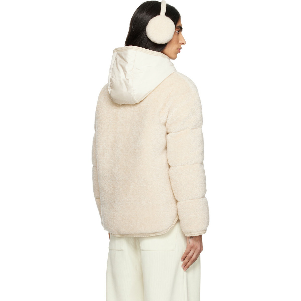 Moncler Beige Ciboulette Braided Trim Teddy Hooded Down Jacket