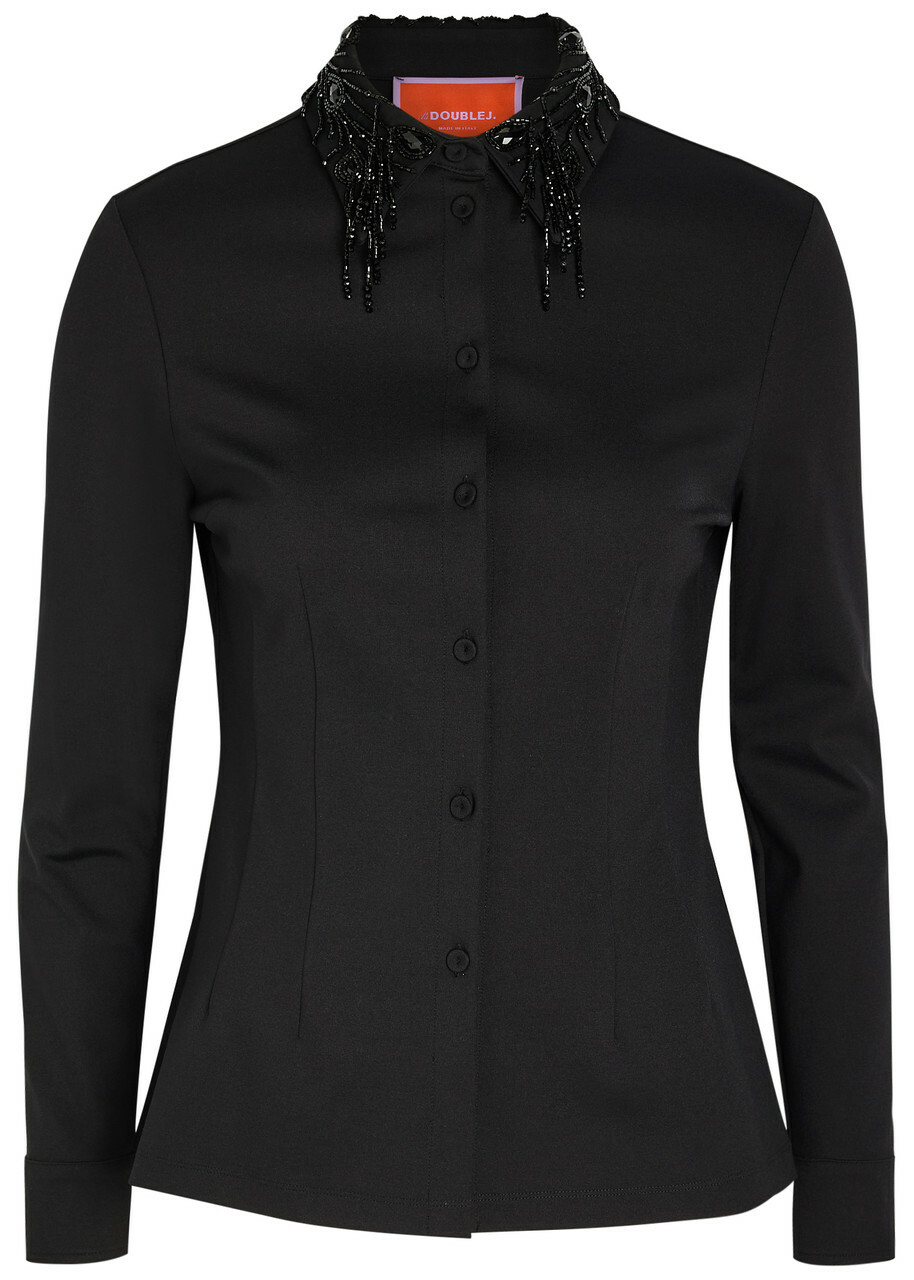 LA Double J Bead Embellished Collar Jersey Shirt Black