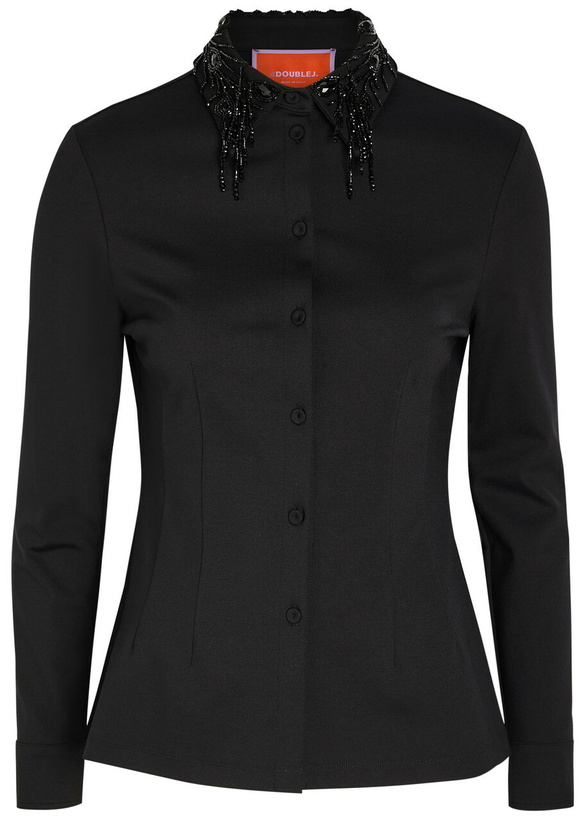 Photo: LA Double J Bead Embellished Collar Jersey Shirt Black