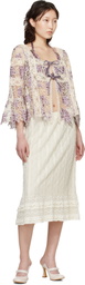 Anna Sui Purple & Off-White Medallion Floral Lace Tie Blouse