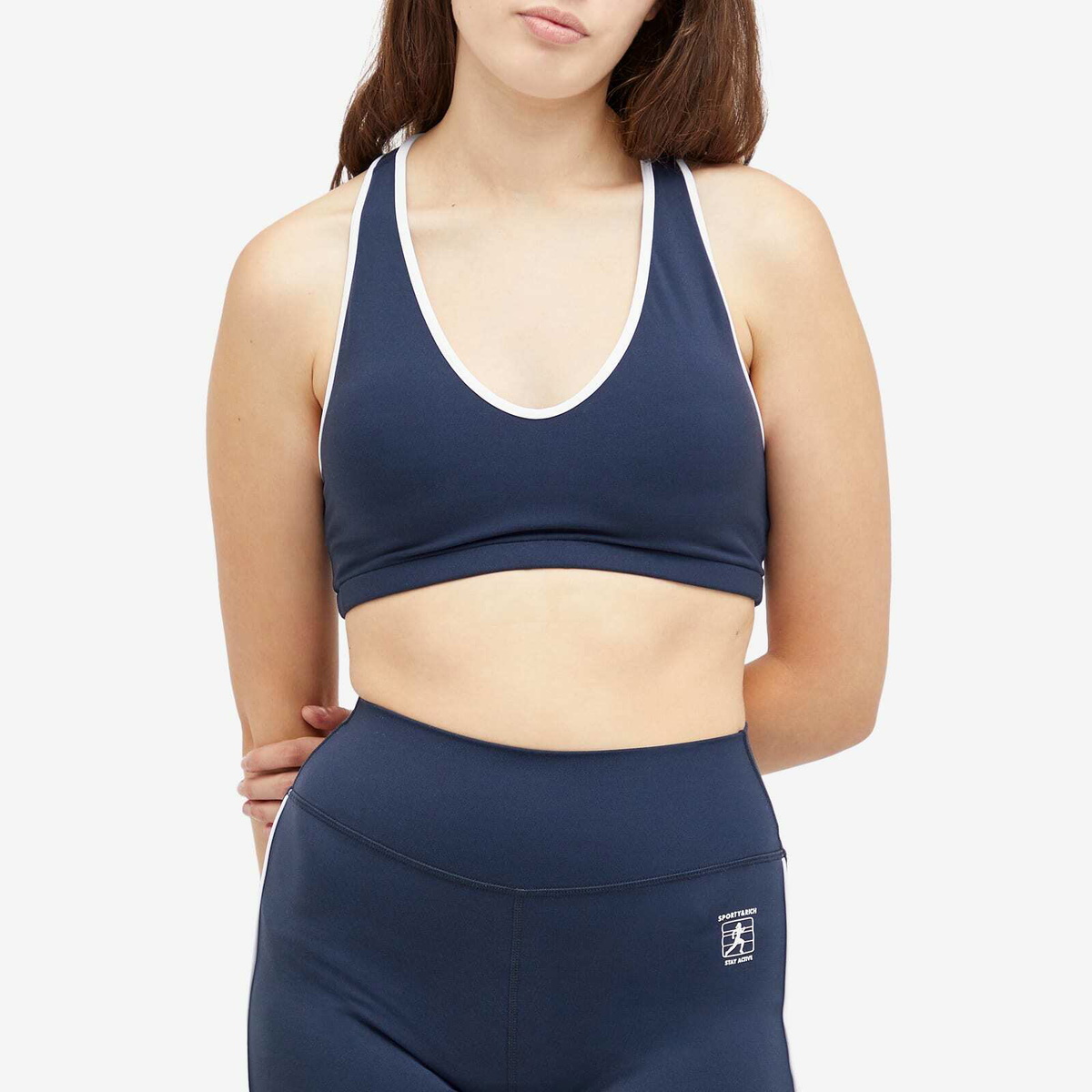 Sporty & Rich Women's Runner Box V-Neck Sports Bra in Navy White