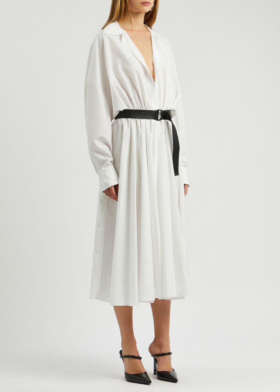Norma Kamali Belted Matte Satin Shirt Dress White