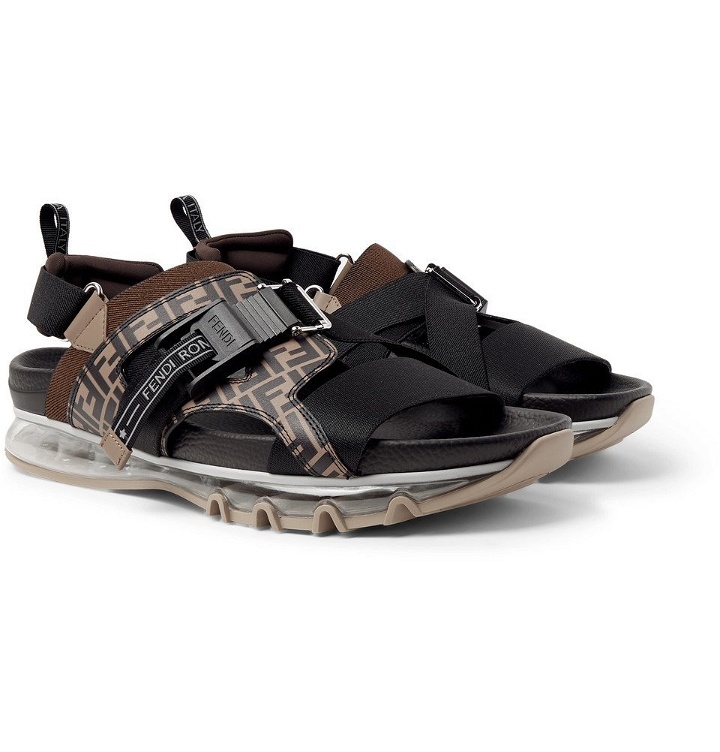 Photo: Fendi - Logo-Print Leather and Webbing Sandals - Dark brown