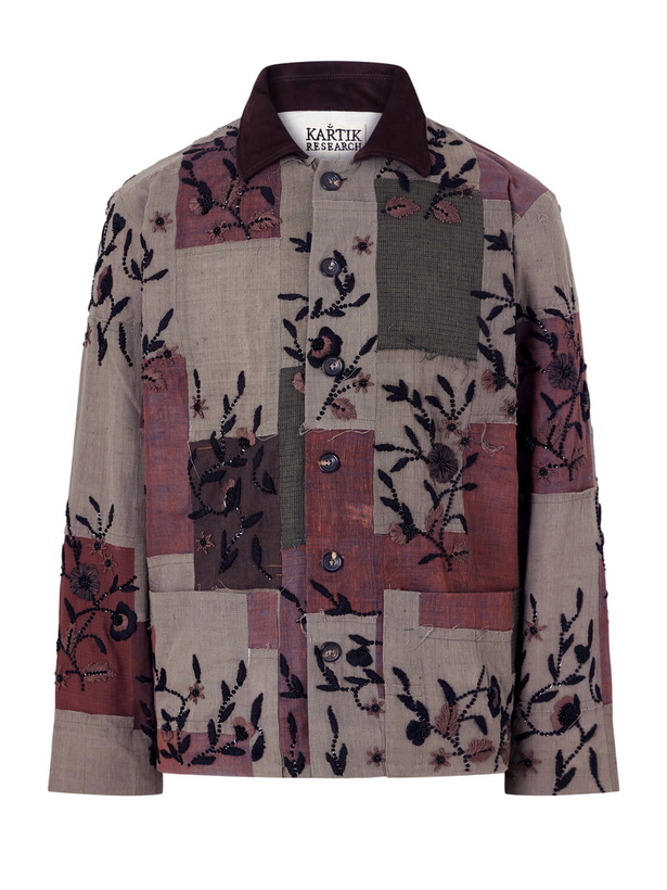 Photo: Kartik Research - Embroidered Patchwork Suede-Trimmed Cotton Chore Jacket - Green