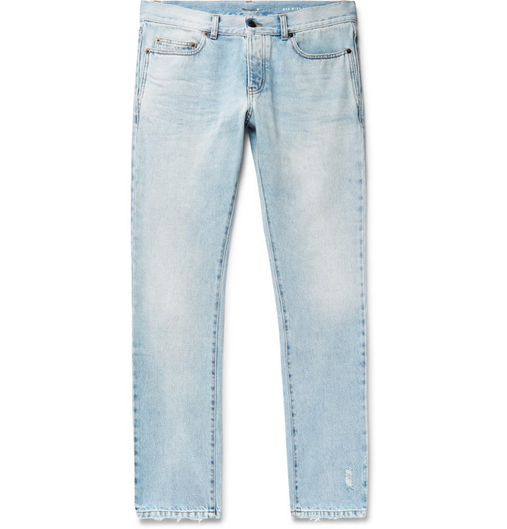 Photo: Saint Laurent - Slim-Fit 17cm Hem Distressed Washed Denim Jeans - Men - Light blue