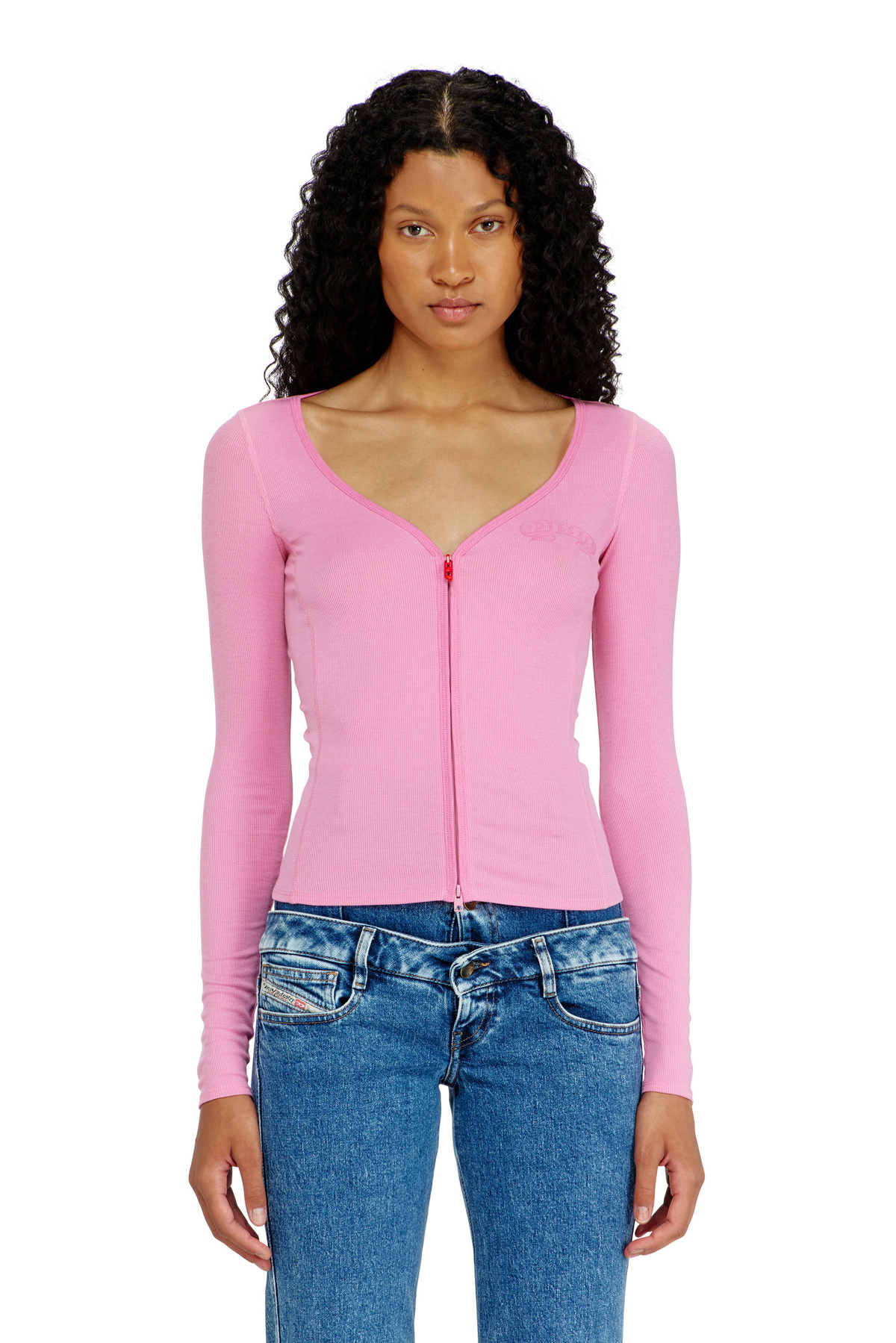 Diesel Slim V-neck lyocell top with zip - Tops Womens in Pink