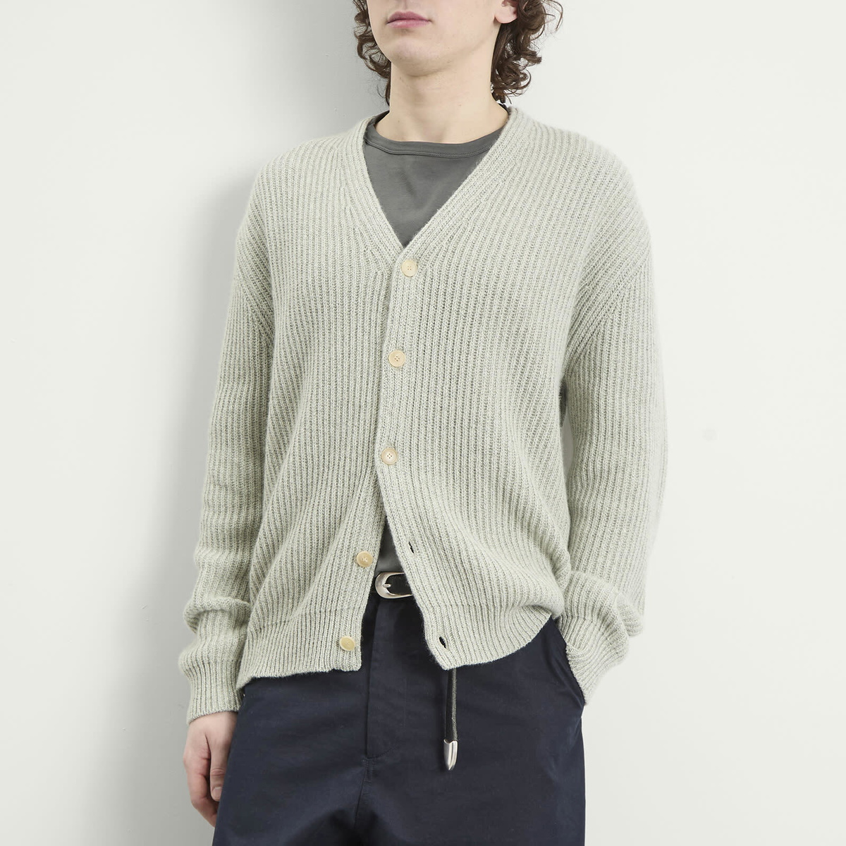 Auralee Men's Cashmere Silk Melange Knit Cardigan in Mix Mint Gray
