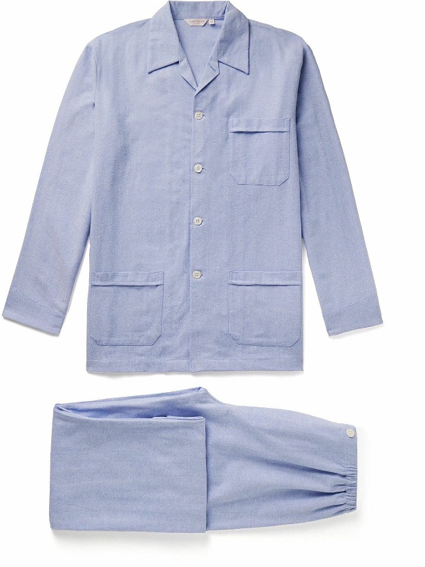 Photo: Derek Rose - Arran 24 Herringbone Brushed-Cotton Pyjama Set - Blue