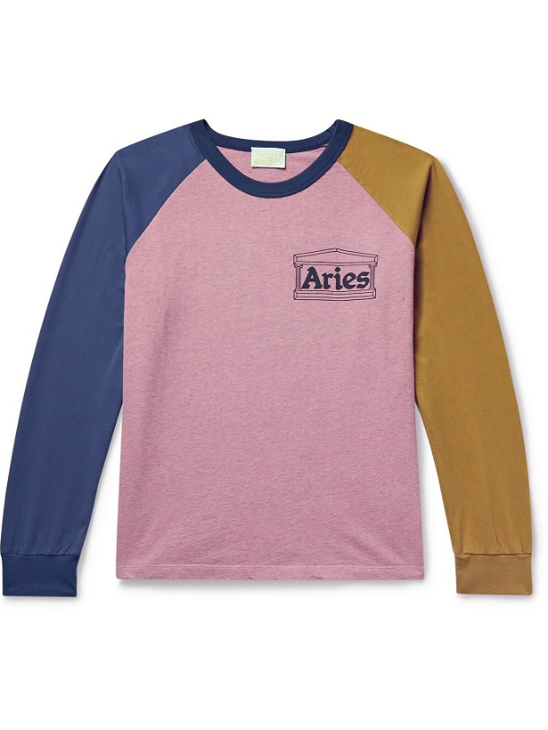 Photo: ARIES - Logo-Print Colour-Block Cotton-Jersey T-Shirt - Pink