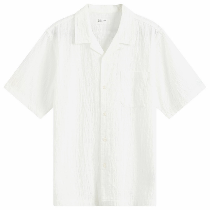 Photo: Universal Works Men's Dolly Stripe Road Camp Shirt in Ecru