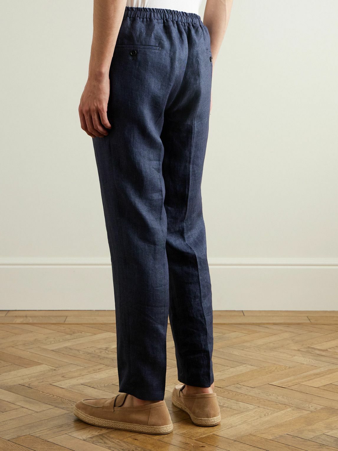 De Petrillo - Straight-Leg Pleated Linen Drawstring Trousers - Blue