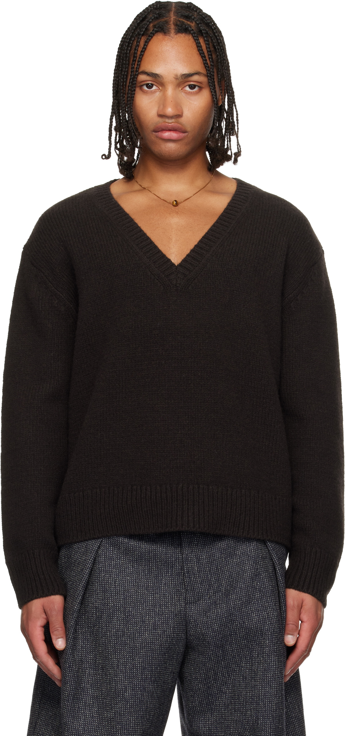 Dries Van Noten Brown V-Neck Merino Wool Sweater