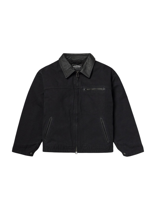 Photo: FrizmWORKS - Leather-Trimmed Distressed Padded Cotton-Canvas Jacket - Black