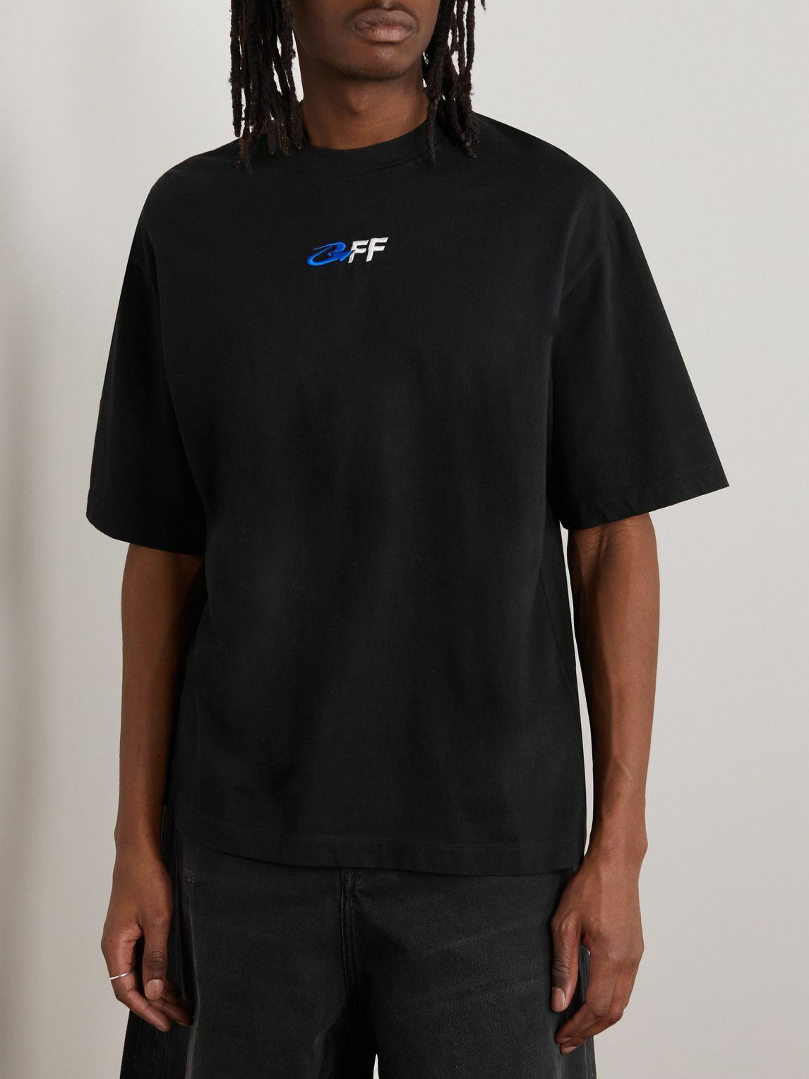 Off-White logo-embroidered cotton shirt - Black