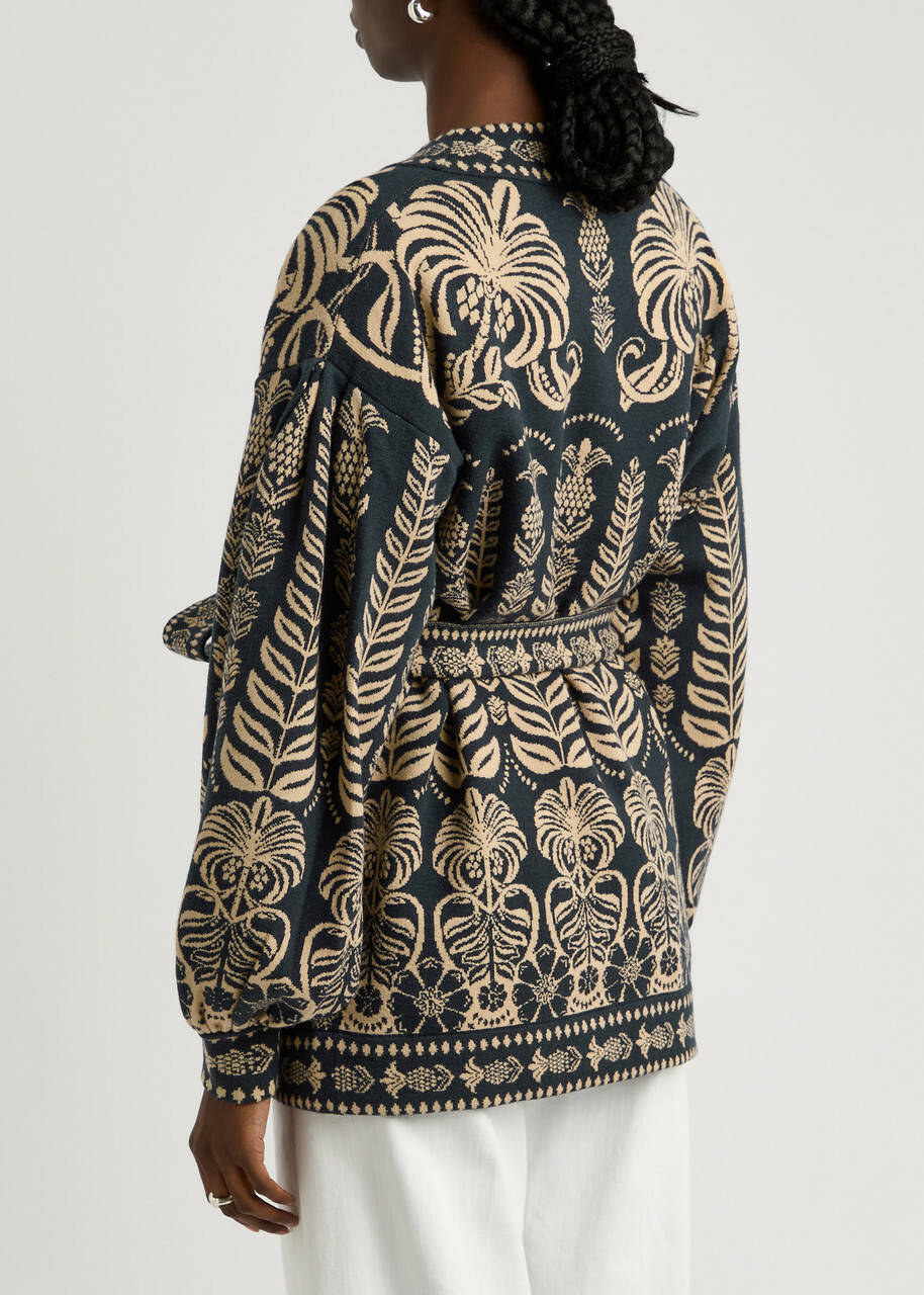 Farm Rio Anika Patterned Belted Knitted Cardigan Dark Blue