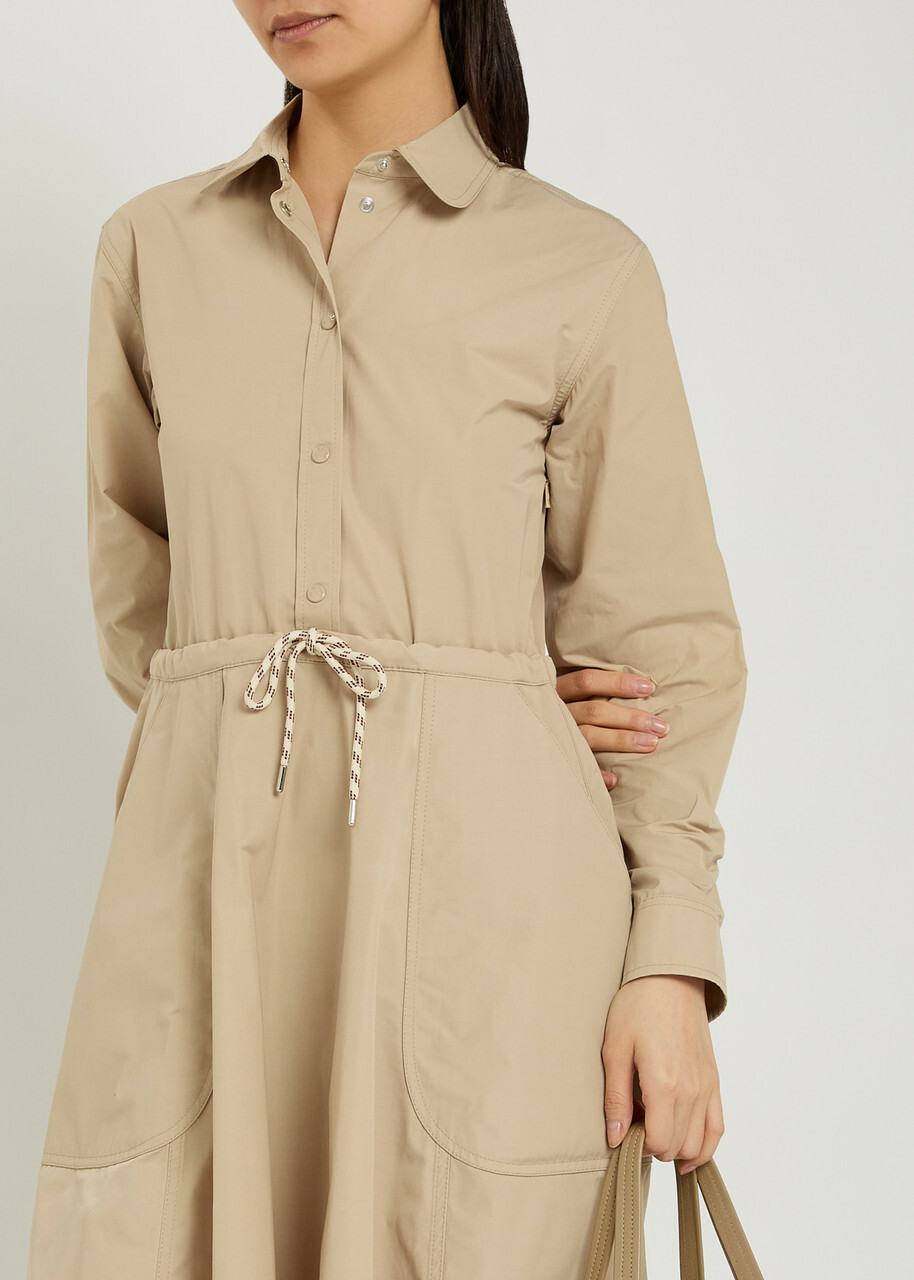Moncler Drawstring Poplin Midi Shirt Dress Beige