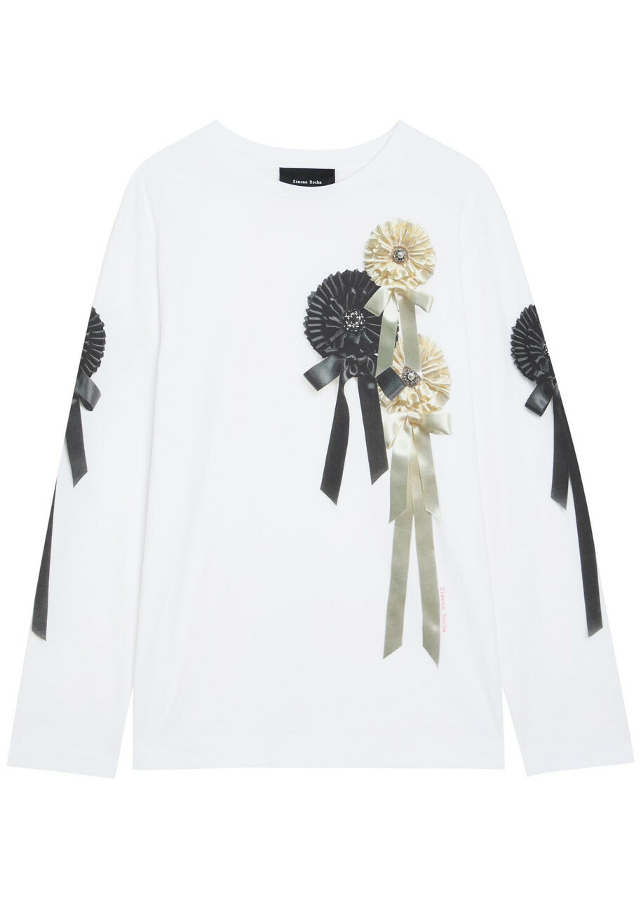 Simone Rocha Ribbon Rosette Printed Long-sleeve Cotton T-shirt White