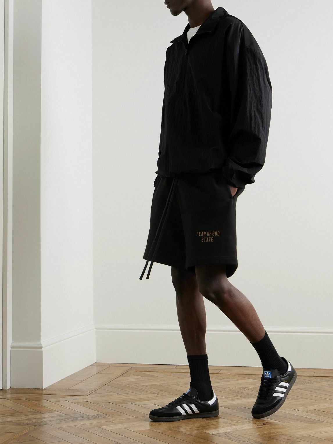 FEAR OF GOD ESSENTIALS - Wide-Leg Logo-Print Cotton-Blend Jersey Drawstring Shorts - Black