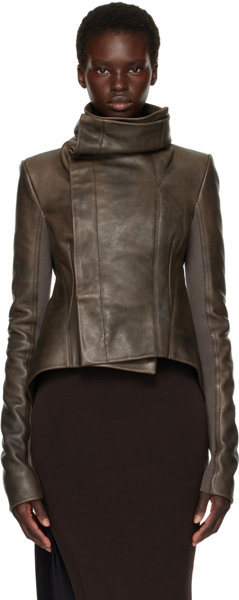 Rick Owens Brown Tower Buttoned Naska Leather Jacket