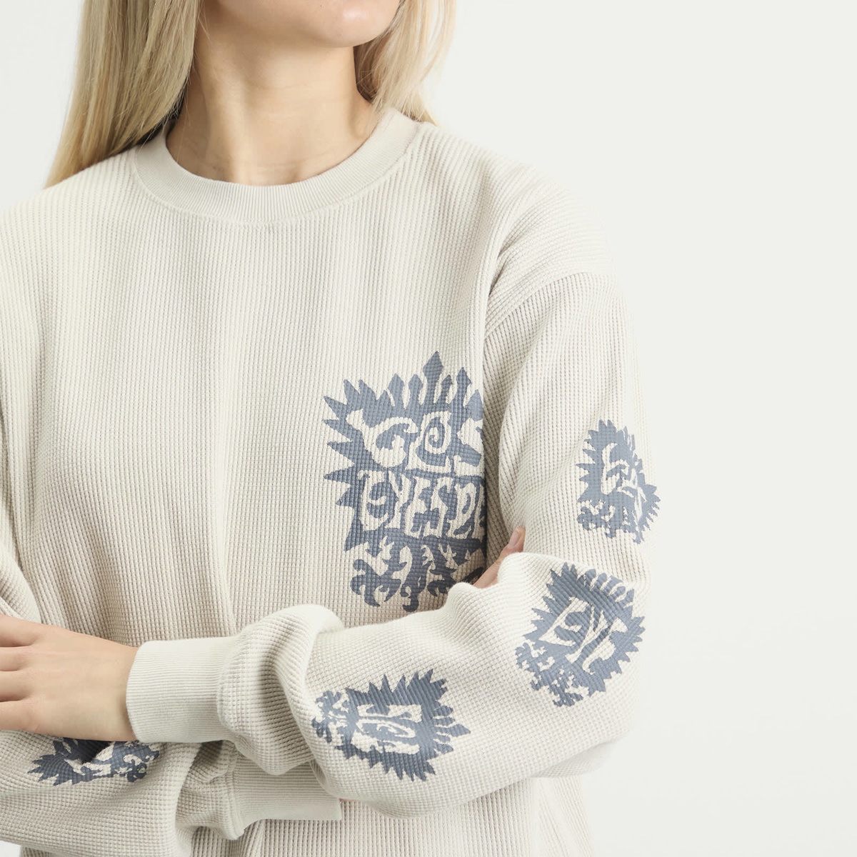 YESEYESEE Women's Y.E.S Stamp Waffle Long Sleeve in Ecru