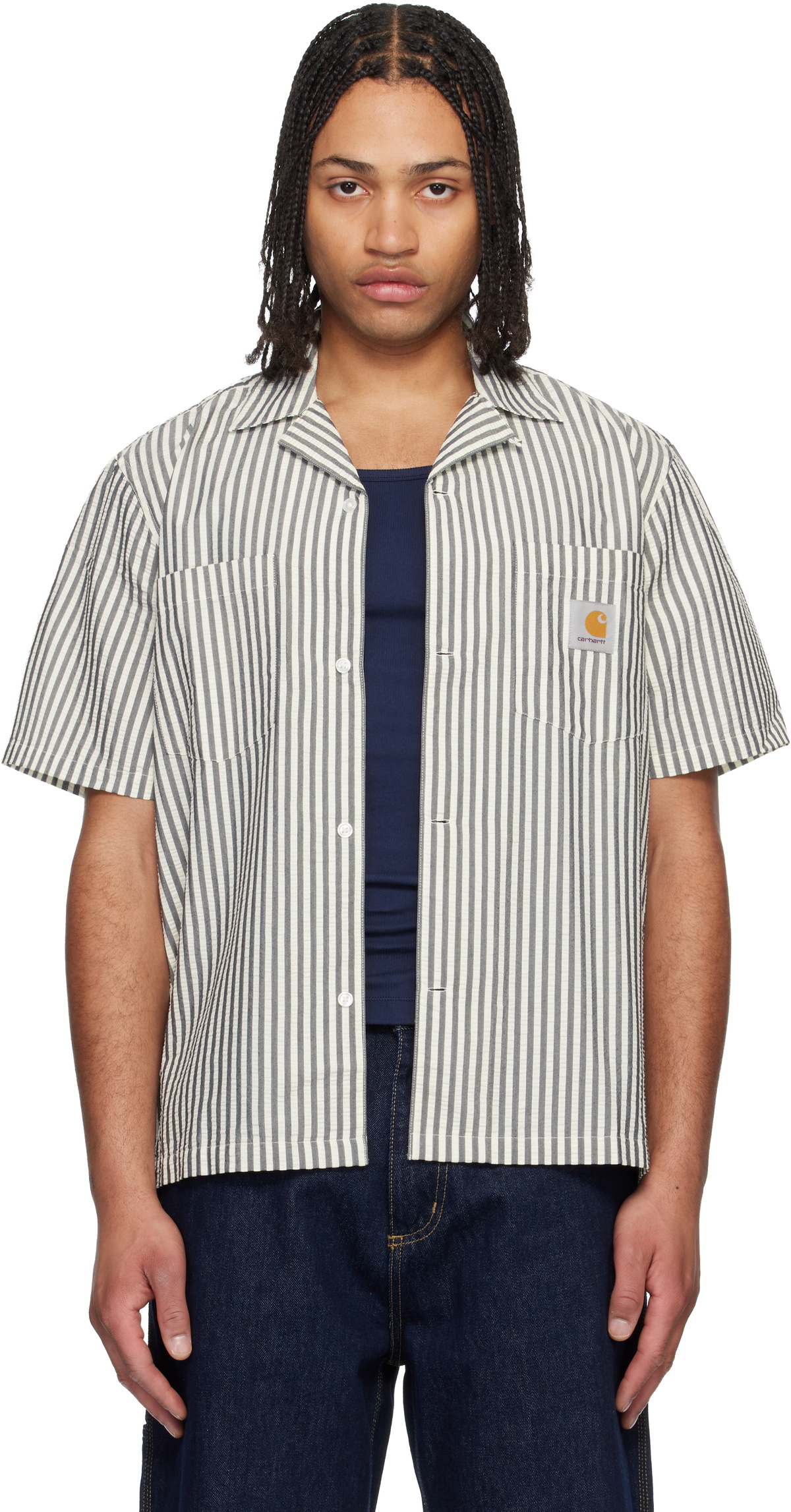 Carhartt Work In Progress Black & White Short Sleeve Leavel Stripe Shirt