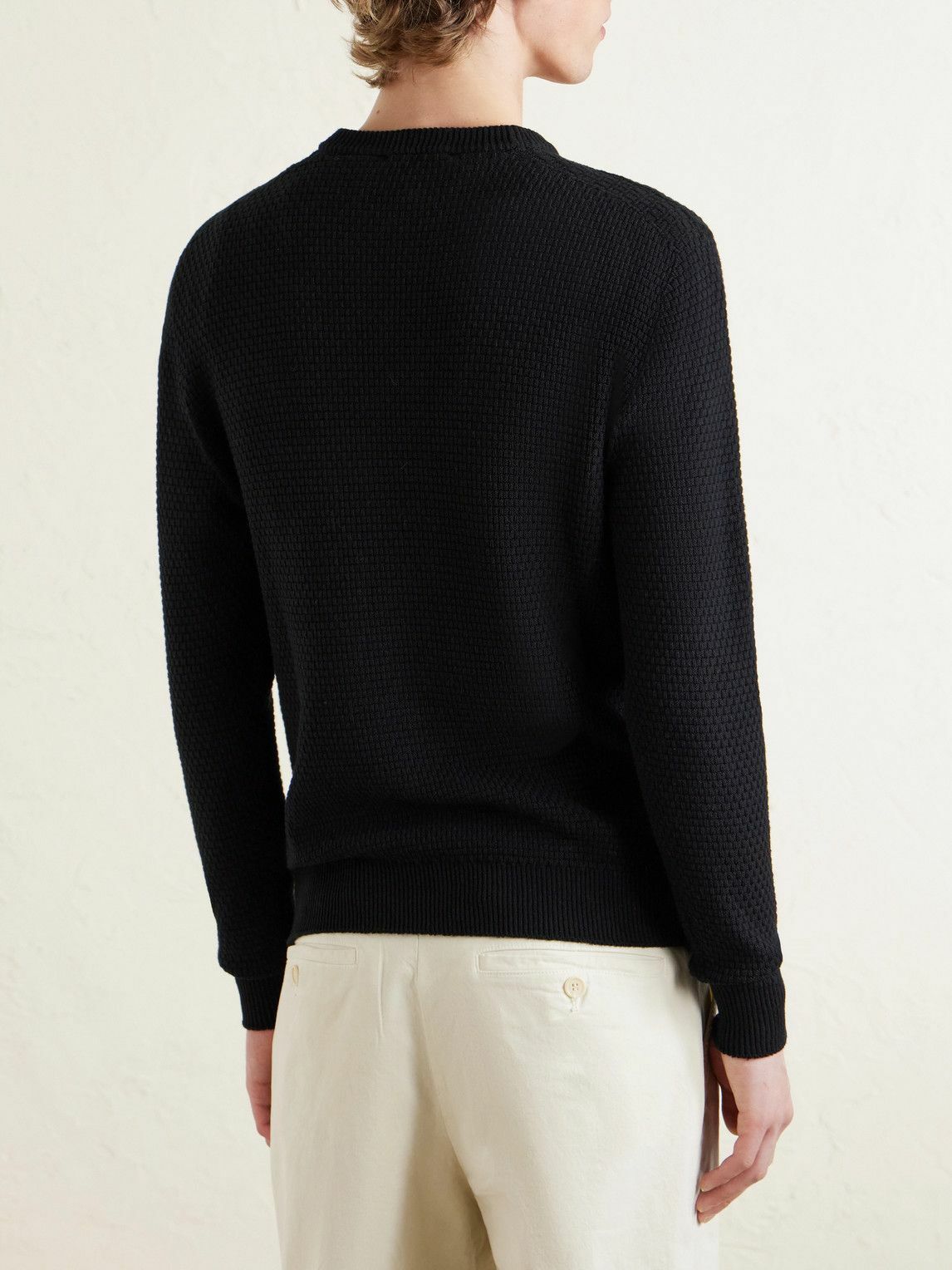 Inis Meáin - Caoladóir Basketweave Textured Cotton and Cashmere-Blend Sweater - Black