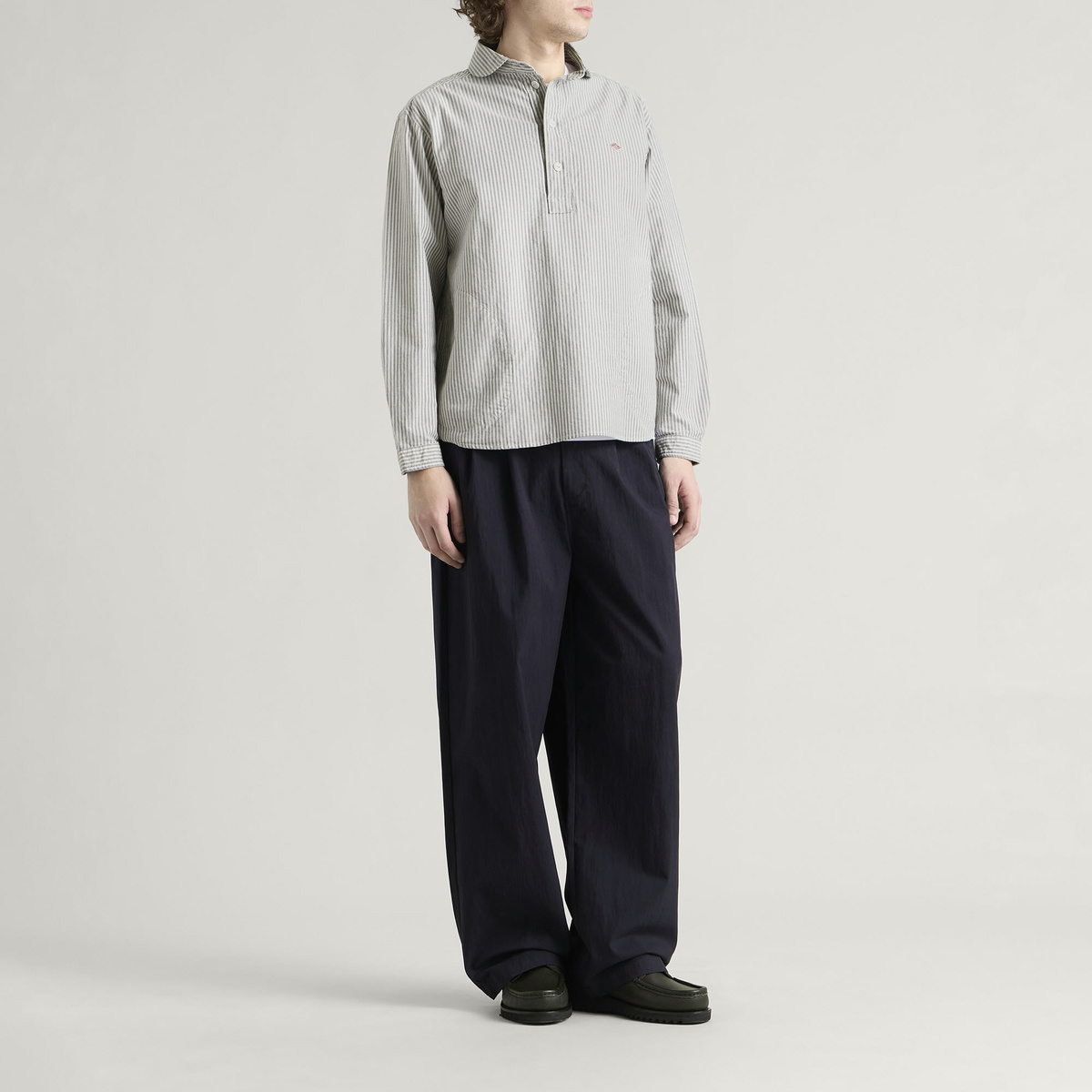 Danton Men's Round Collar Pop Over Shirt in Navy/Ecru Stripe