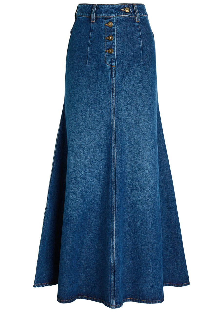 A.W.A.K.E Mode Cut-out Flared Denim Midi Skirt Blue