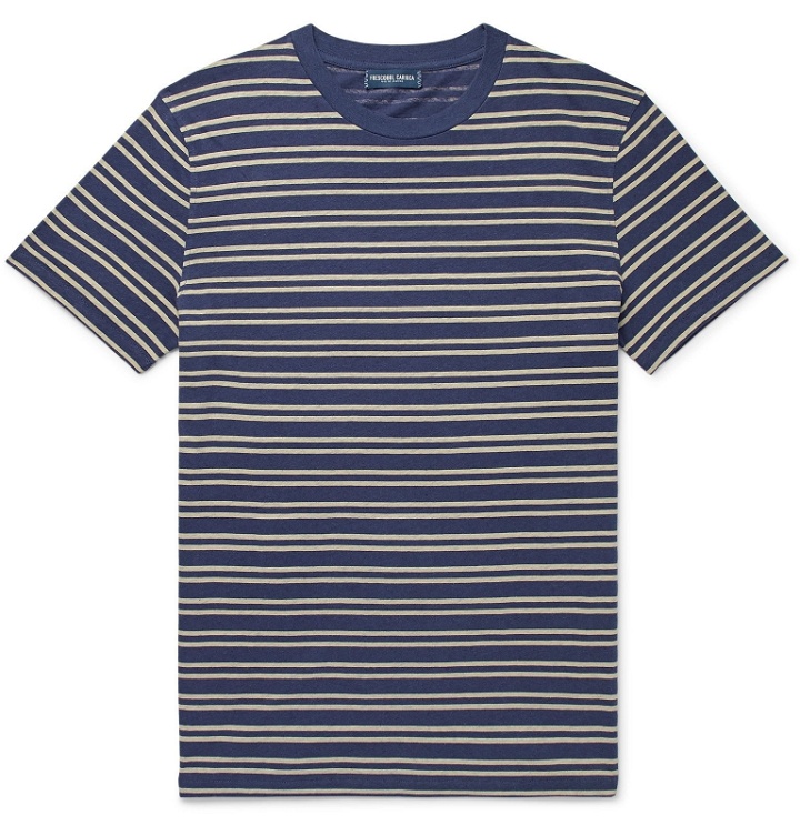 Photo: Frescobol Carioca - Leblon Striped Cotton and Linen-Blend T-Shirt - Blue