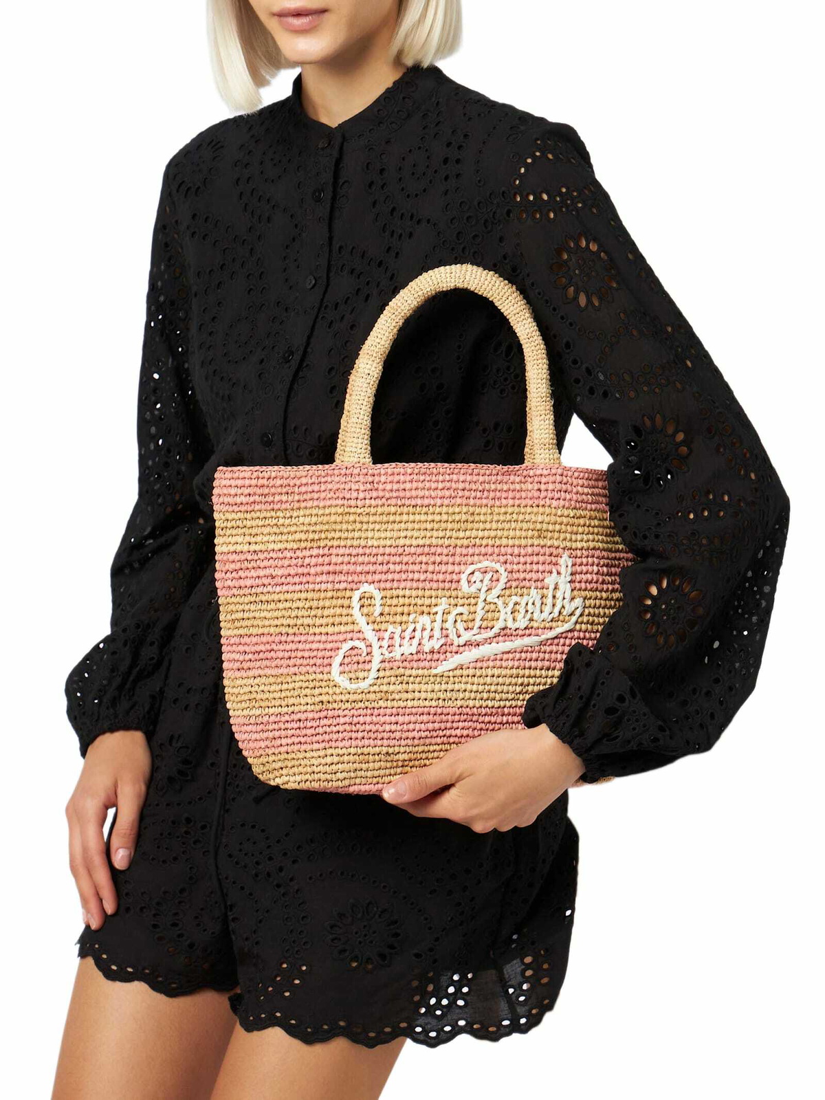 MC2 Saint Barth Pink Striped Raffia Beach Midi Bag With Cotton Pouch