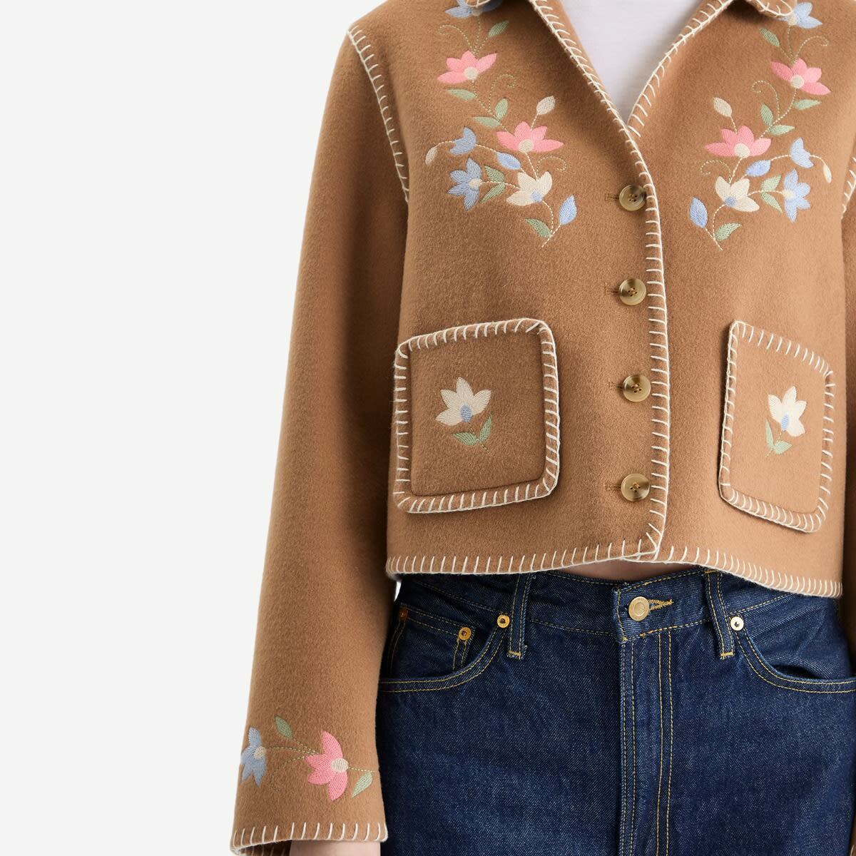 RIXO Women's Sunday Jacket in Petal Embroidery Tan