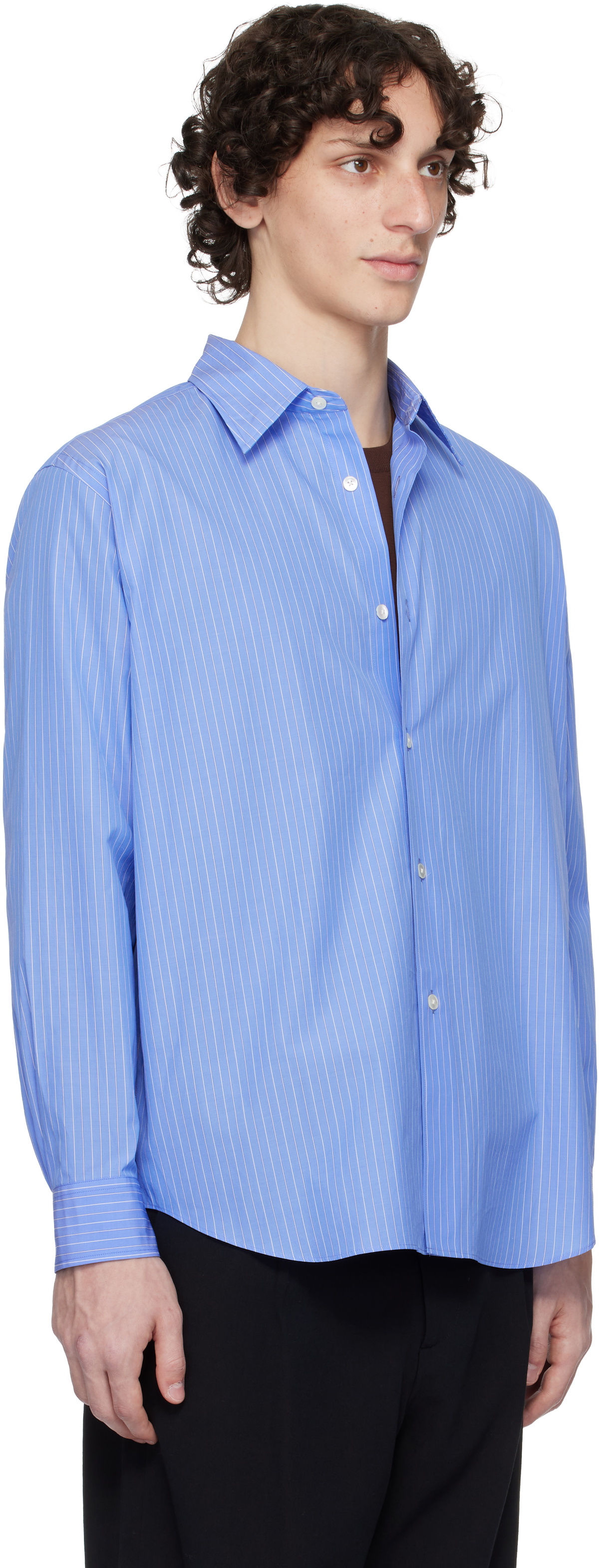 AURALEE Blue Suvin High Count Cloth Stripe Shirt Auralee