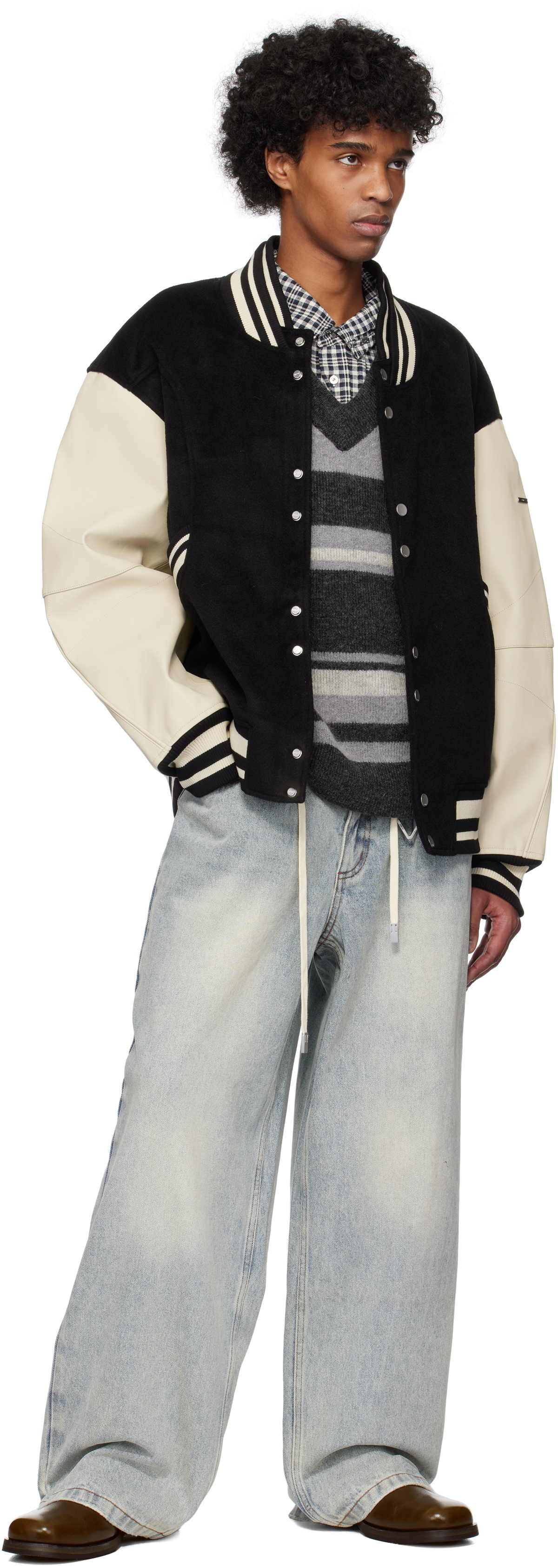 C2H4 Black Curvilinear Varsity Bomber Jacket