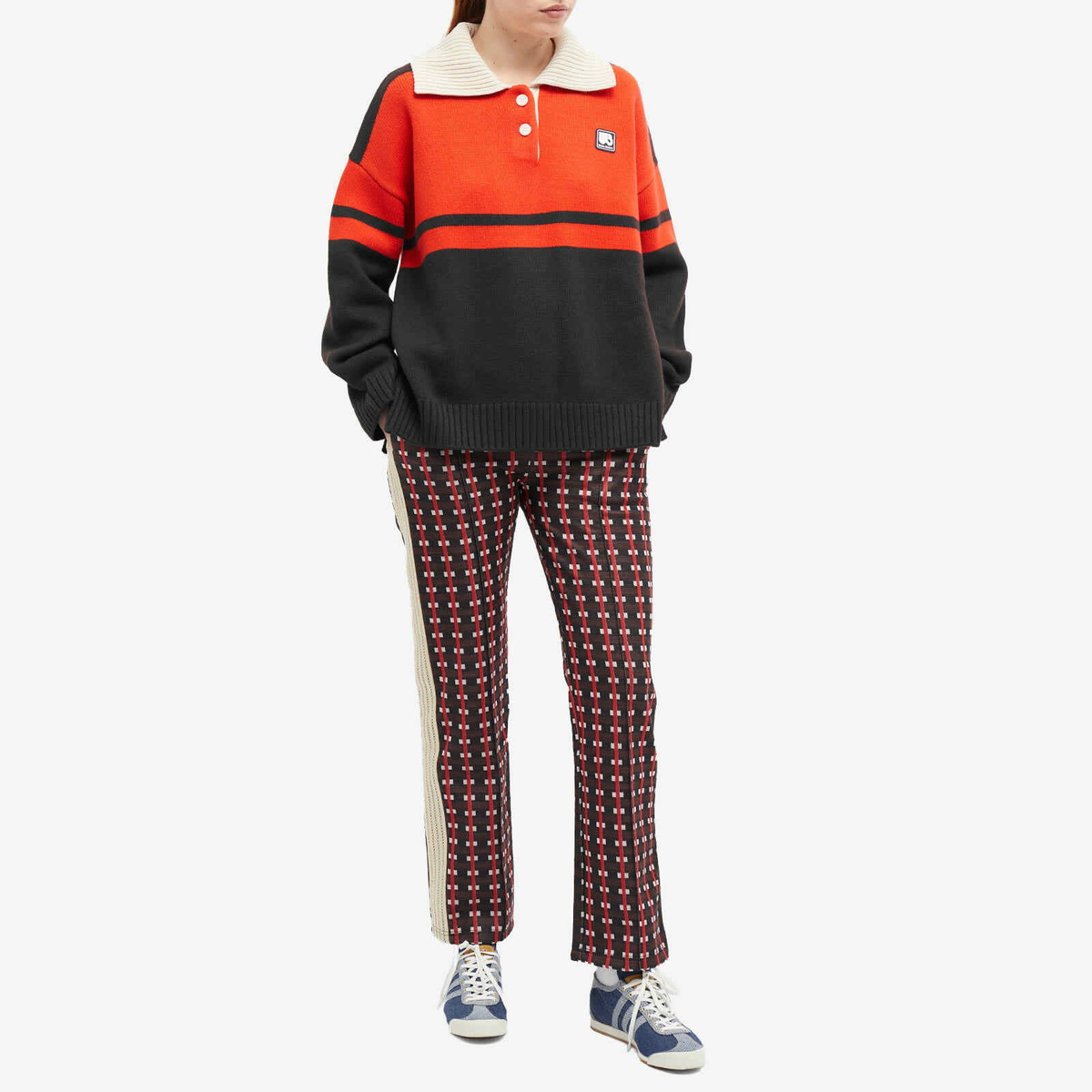 Wales Bonner Women's Long Sleeve Calm Polo in Red/Black/Beige
