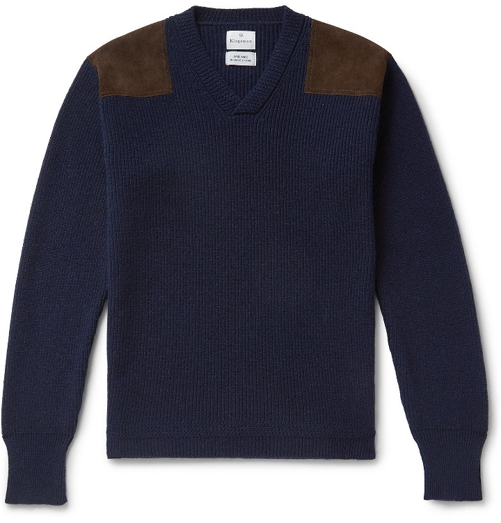 Photo: Kingsman - Merlin Slim-Fit Suede-Trimmed Cashmere Sweater - Blue