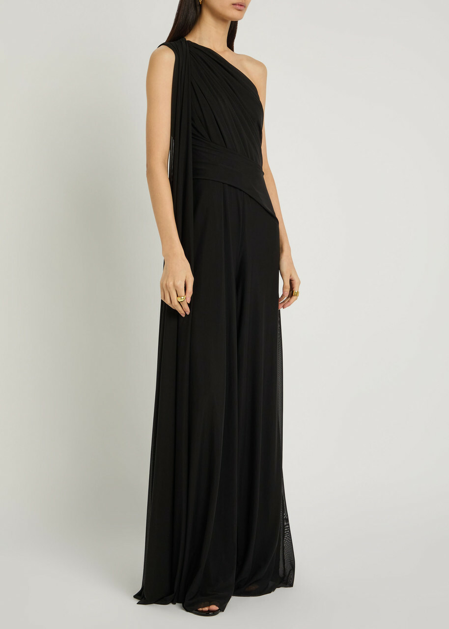 Talbot Runhof One Shoulder Draped Mesh Jumpsuit Black